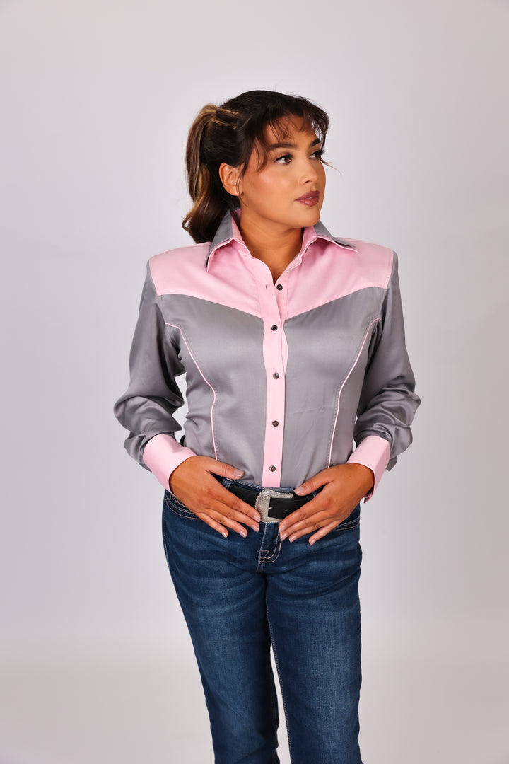 Model in studio setting posing in grey shirt from Carlee Collection by Kultured Rider