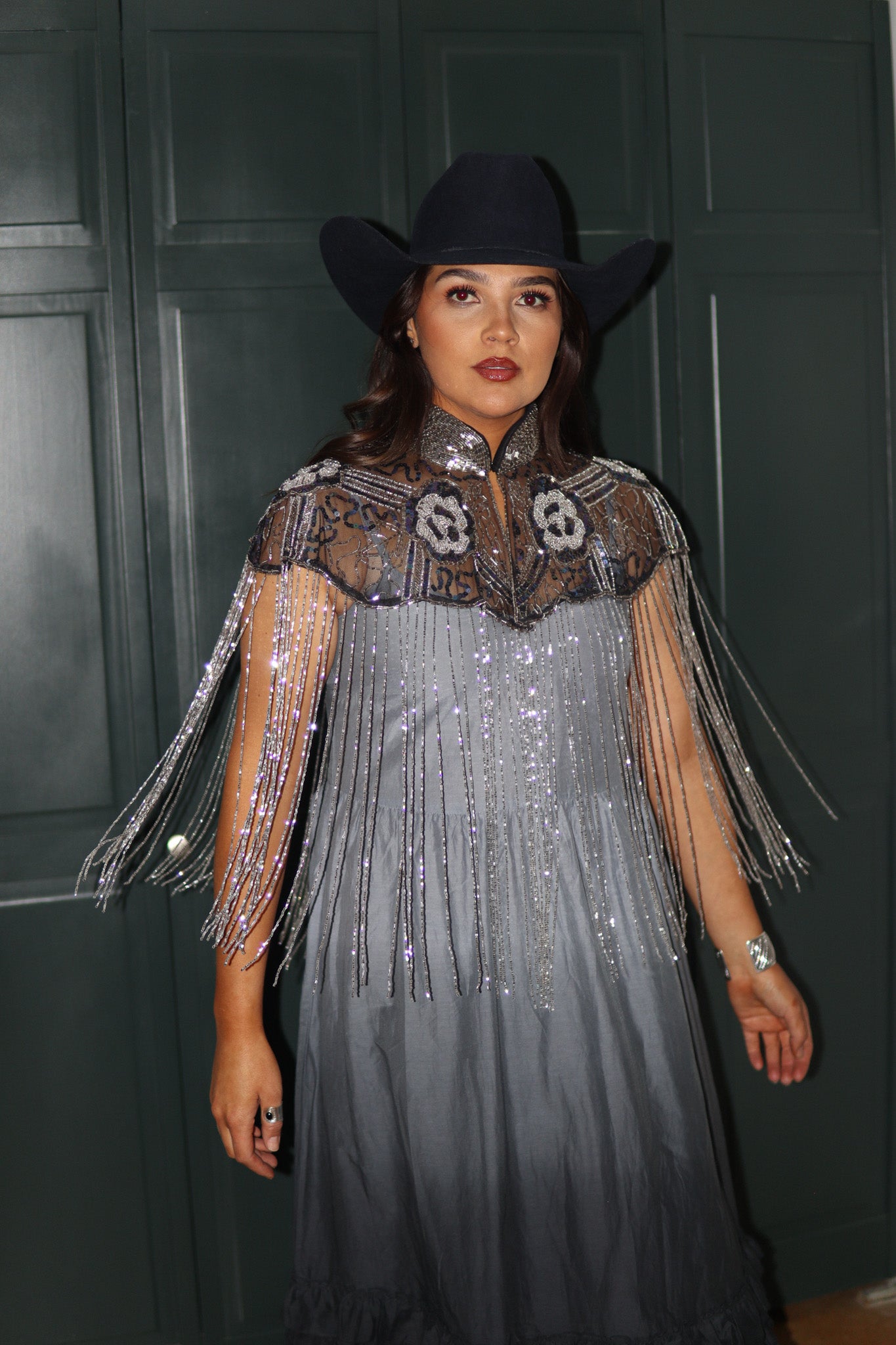 Beaded Cape Silver & Black Rose