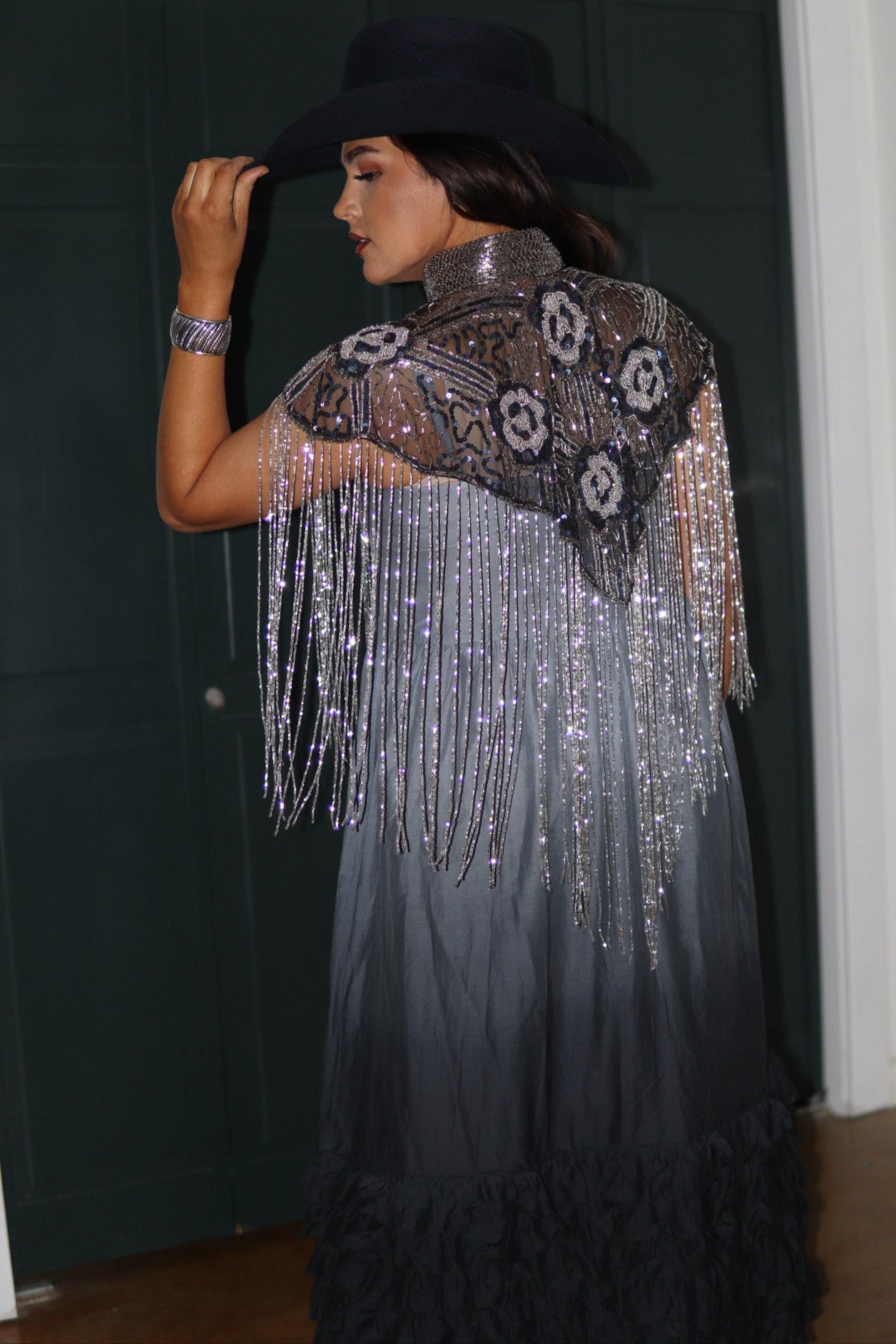 Beaded Cape Silver & Black Rose