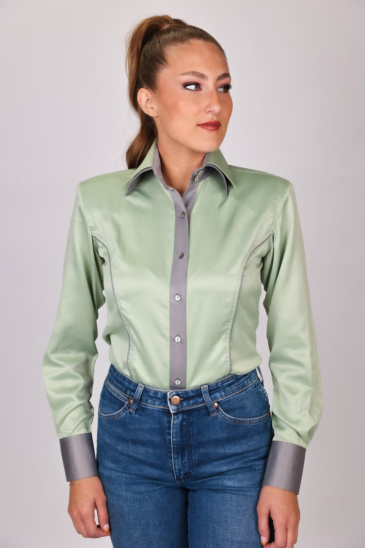 Model in studio setting posing in Carlee Mint Shirt by Kultured rider