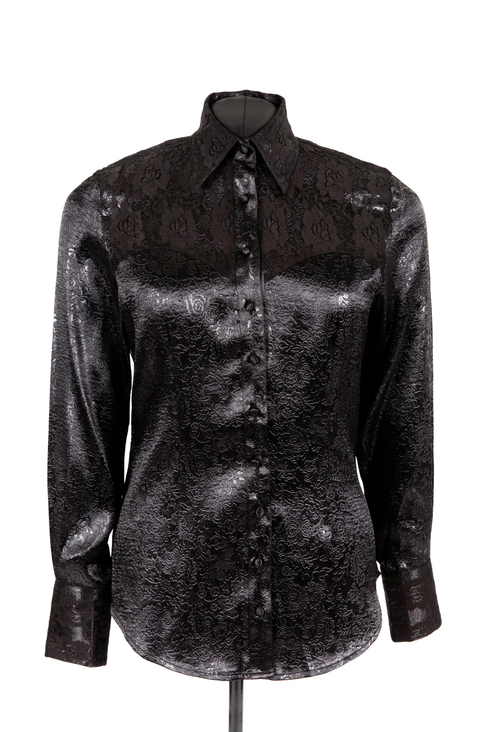 Embossed Satin & Lace Shirt (Black)