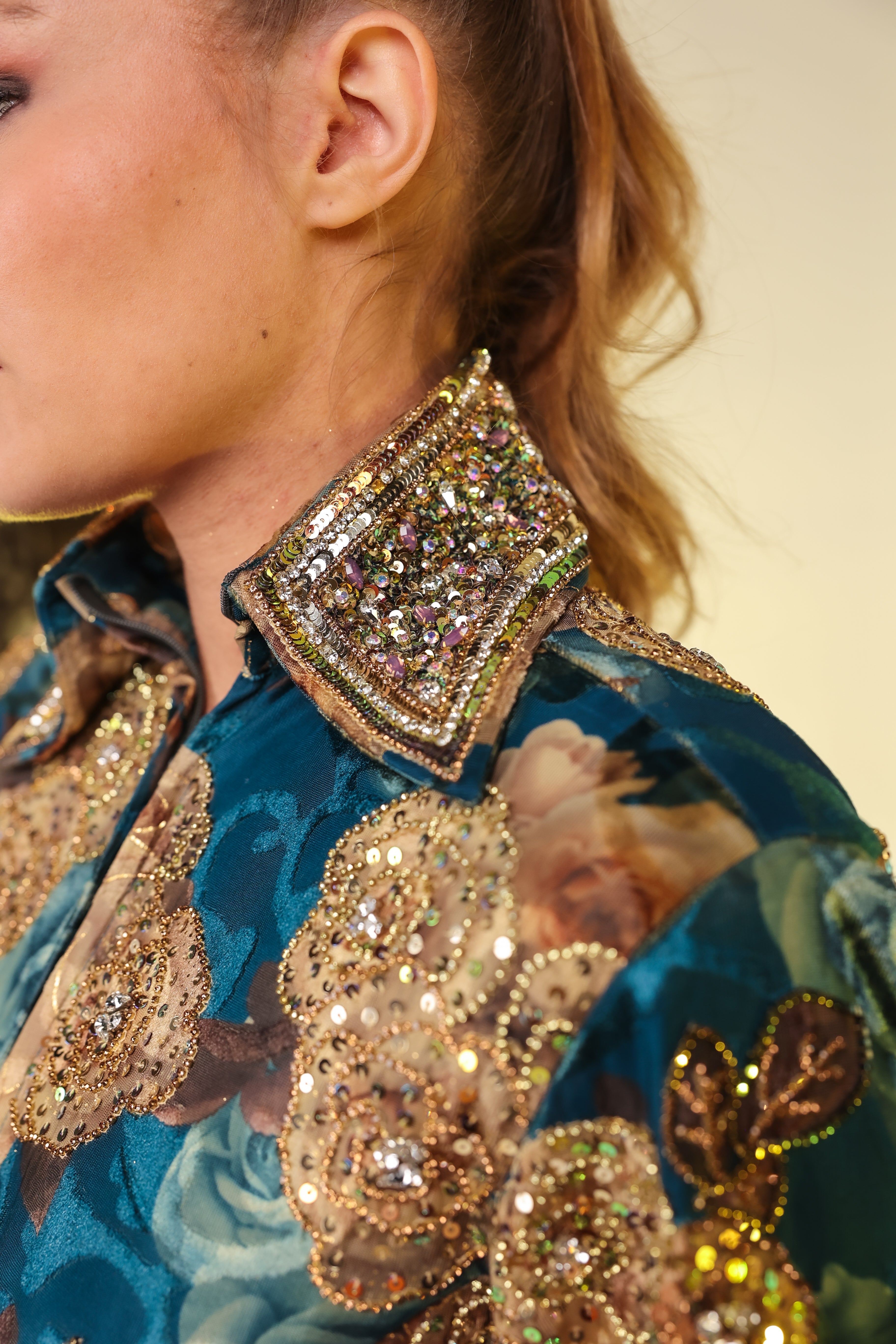 Model displaying collar details from Rose jacket by Kultured Rider