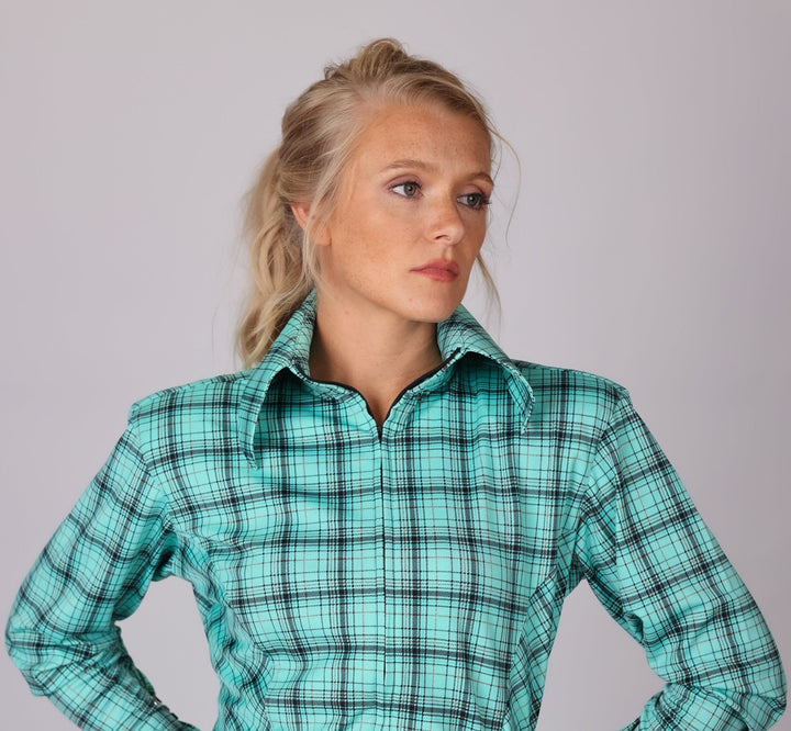 model posing in blue checkered shirt from Shanaena collection by Kultured Rider