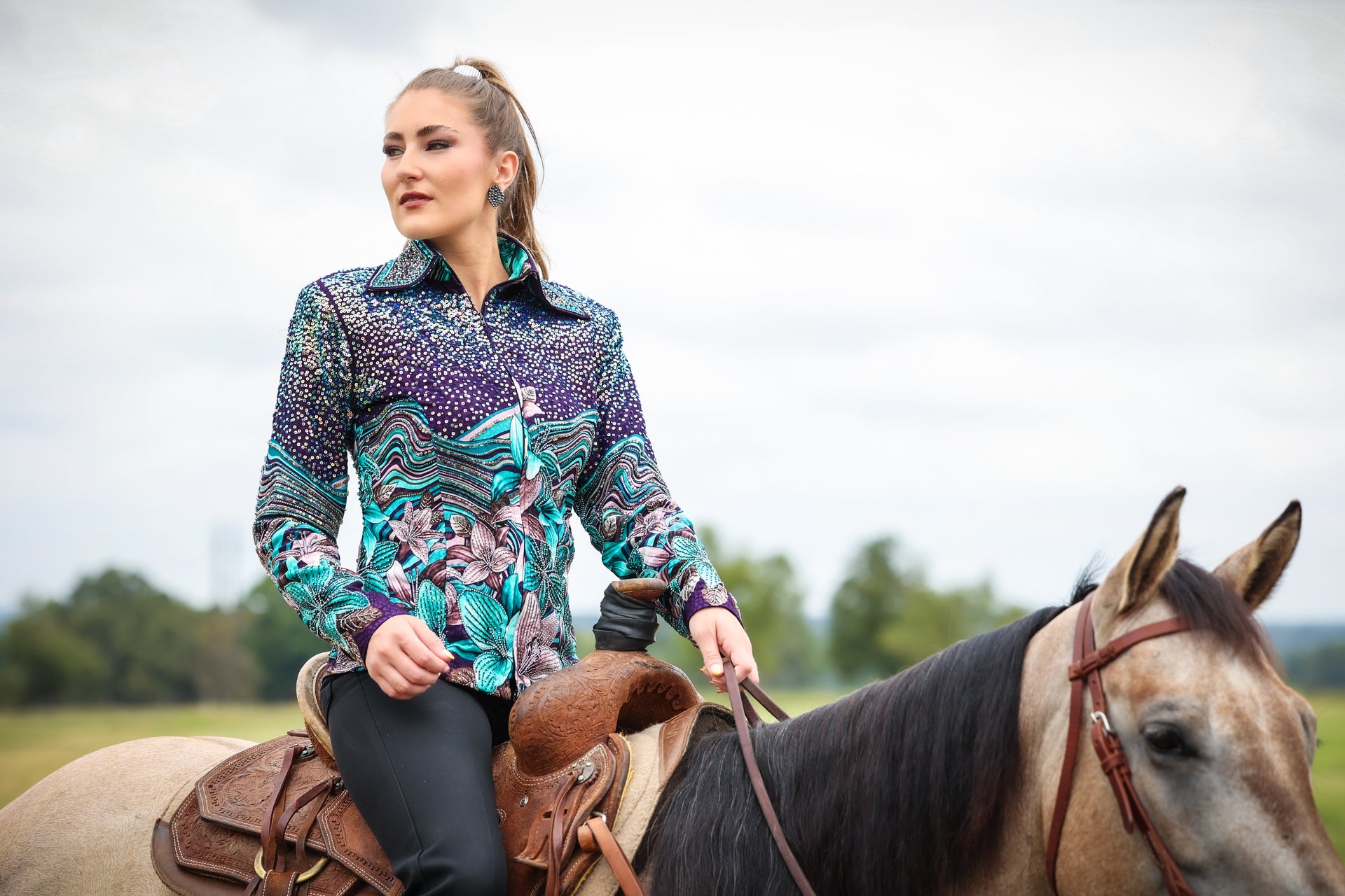 Model with horse posing in Lily jacket by Kultured Rider