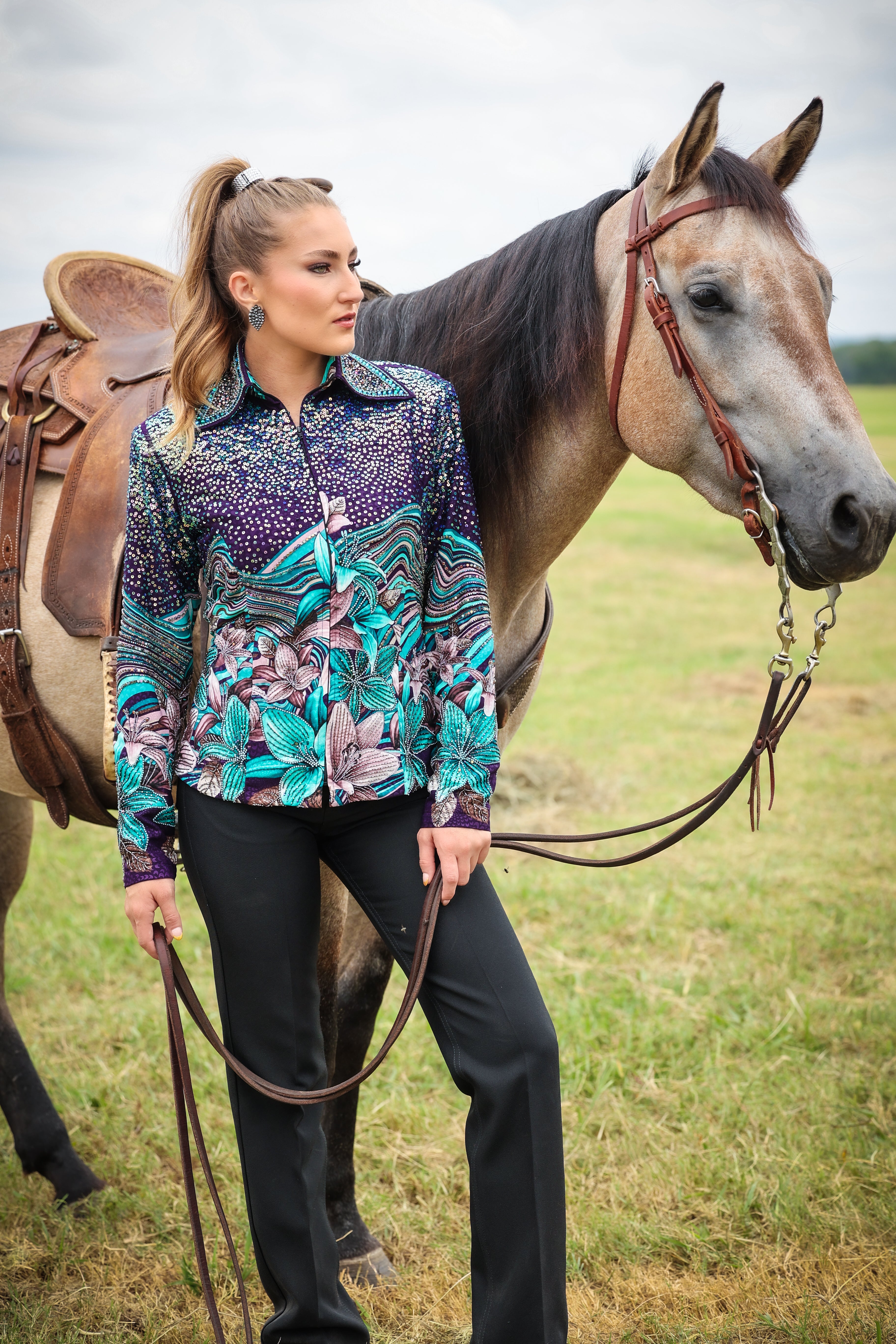 Model with horse posing in Lily jacket by Kultured Rider