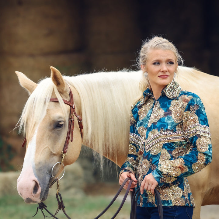 Model with horse posing in Rose jacket by Kultured Rider