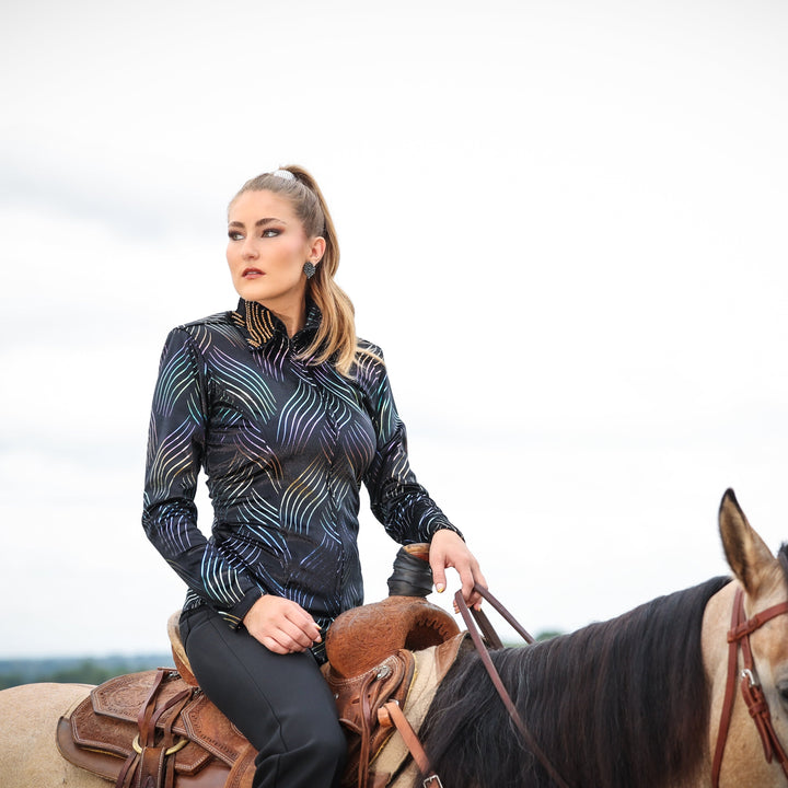 Model on horse posing in black shirt from velvet whisper collection by Kultured Rider