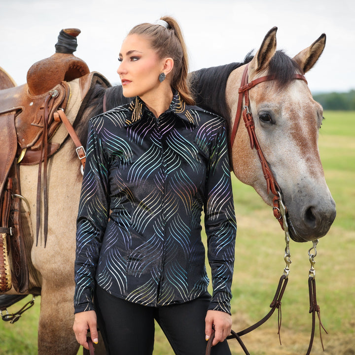 Model on horse posing in black shirt from velvet whisper collection by Kultured Rider