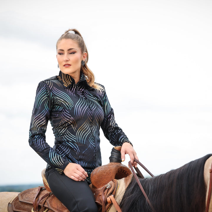 Model on horse posing in black shirt from velvet whisper collection by Kultured Rider