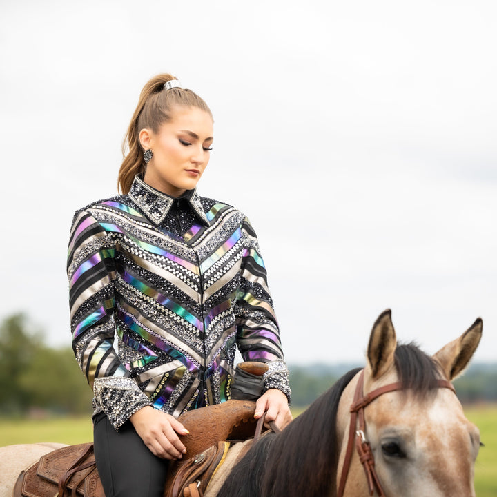 Model with horse posing in Yuki jacket by Kultured Rider