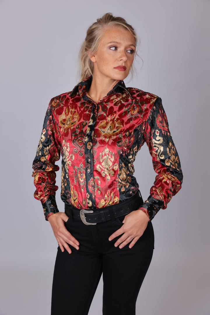 Model displaying red and black velvet riding shirt.